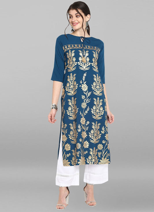 Casual Kurti Faux Crepe Blue Print Kurtis