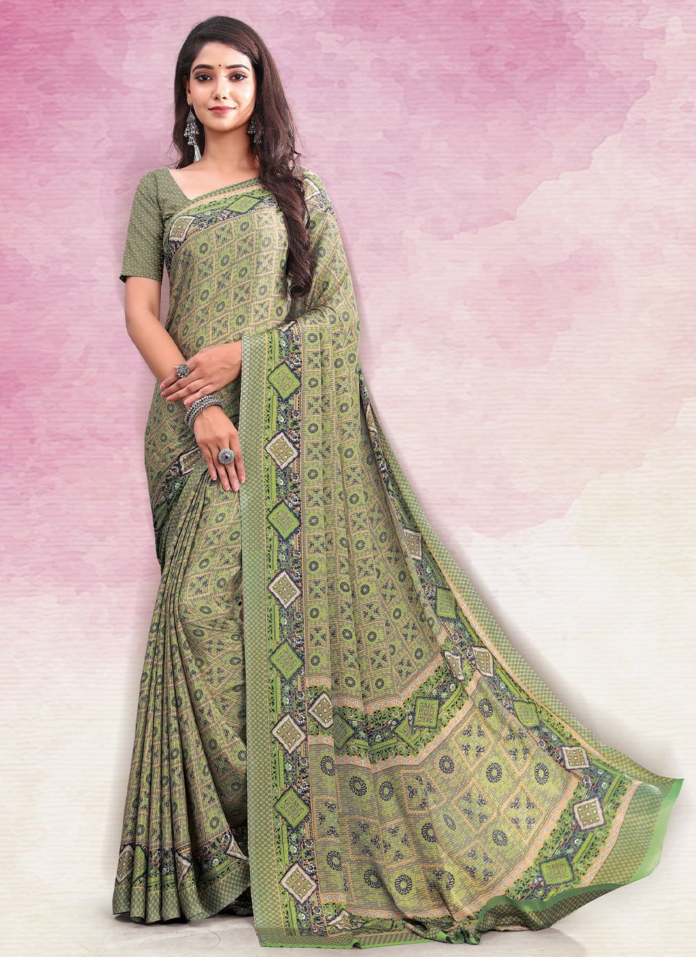 Contemporary Faux Crepe Green Print Saree