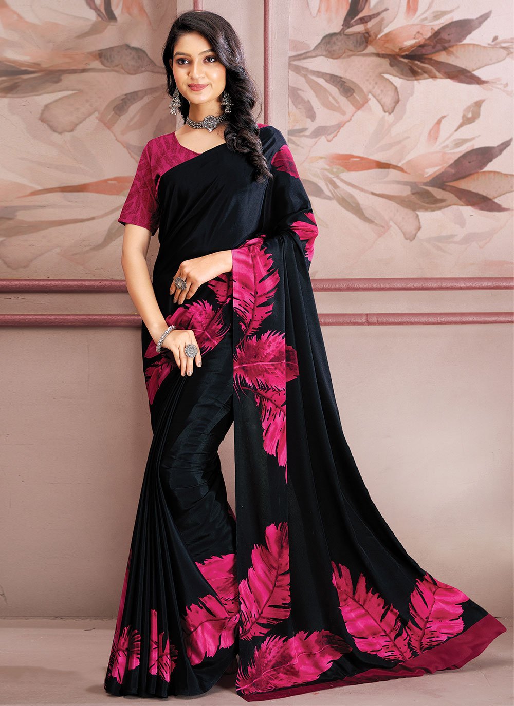 Classic Faux Crepe Black Rani Print Saree