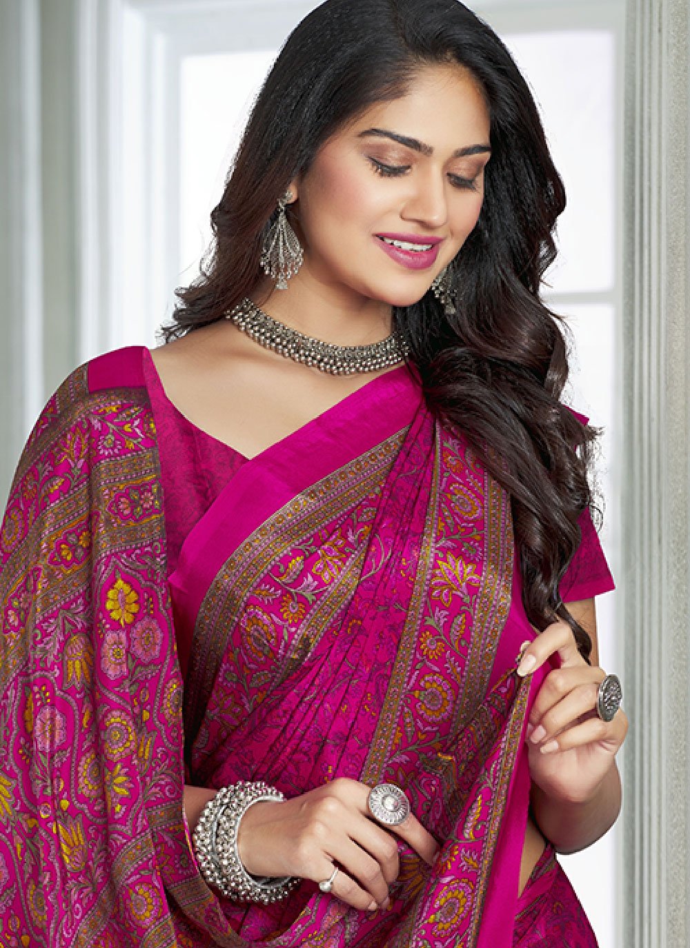 Trendy Saree Faux Crepe Hot Pink Print Saree