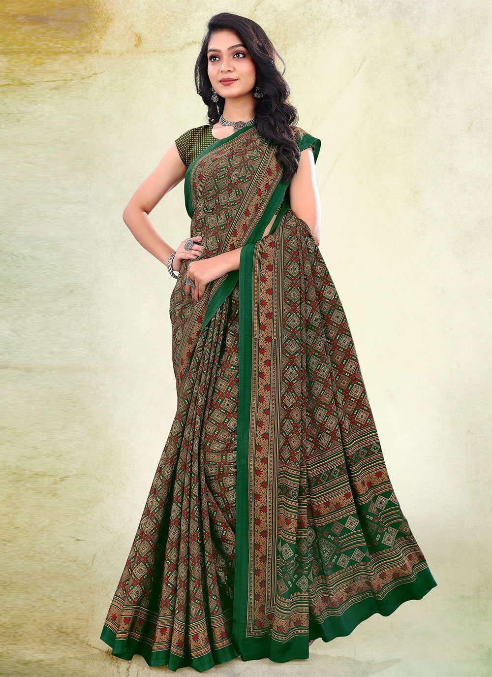 Classic Faux Crepe Green Print Saree