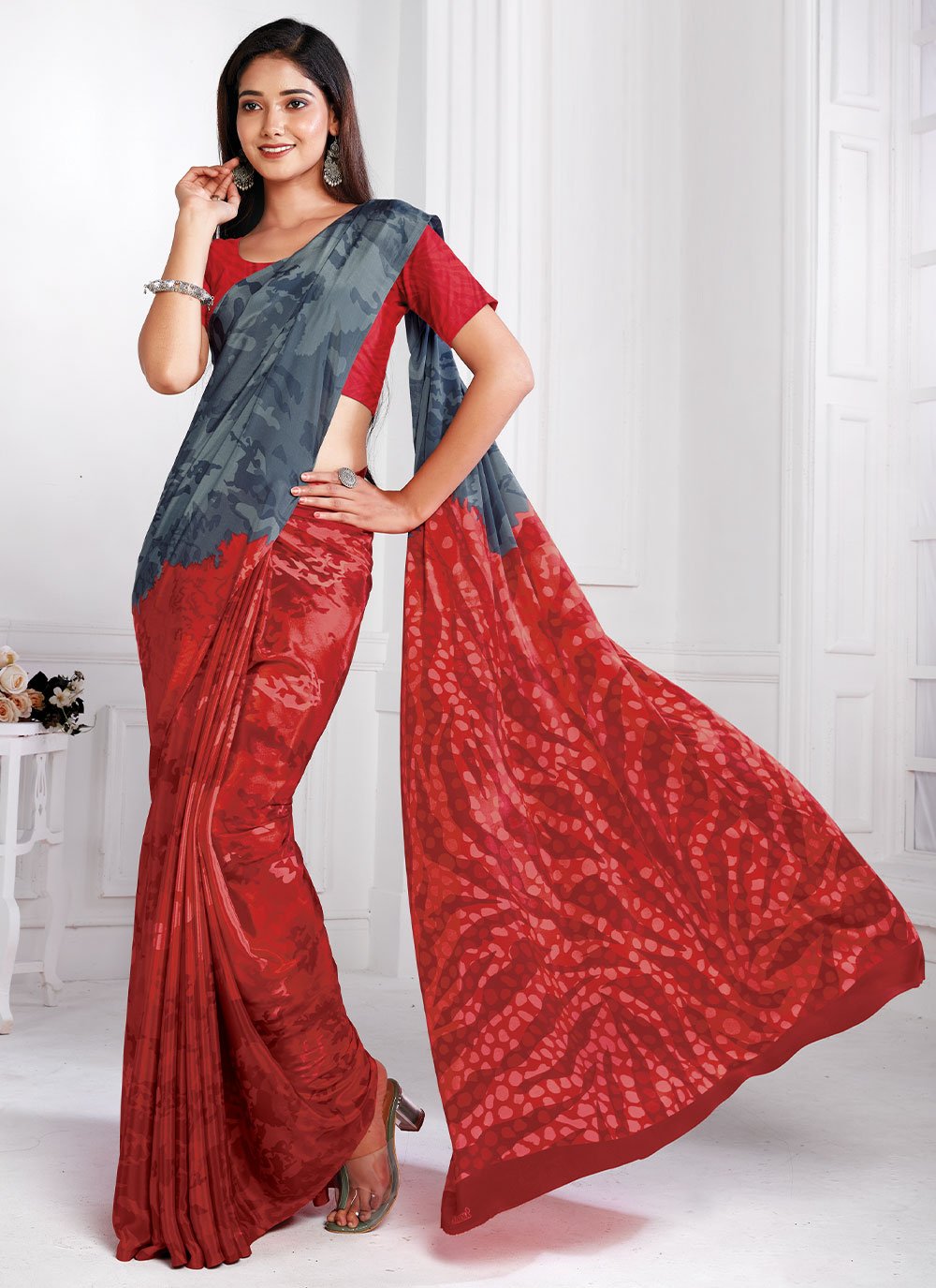 Classic Faux Crepe Multi Colour Print Saree