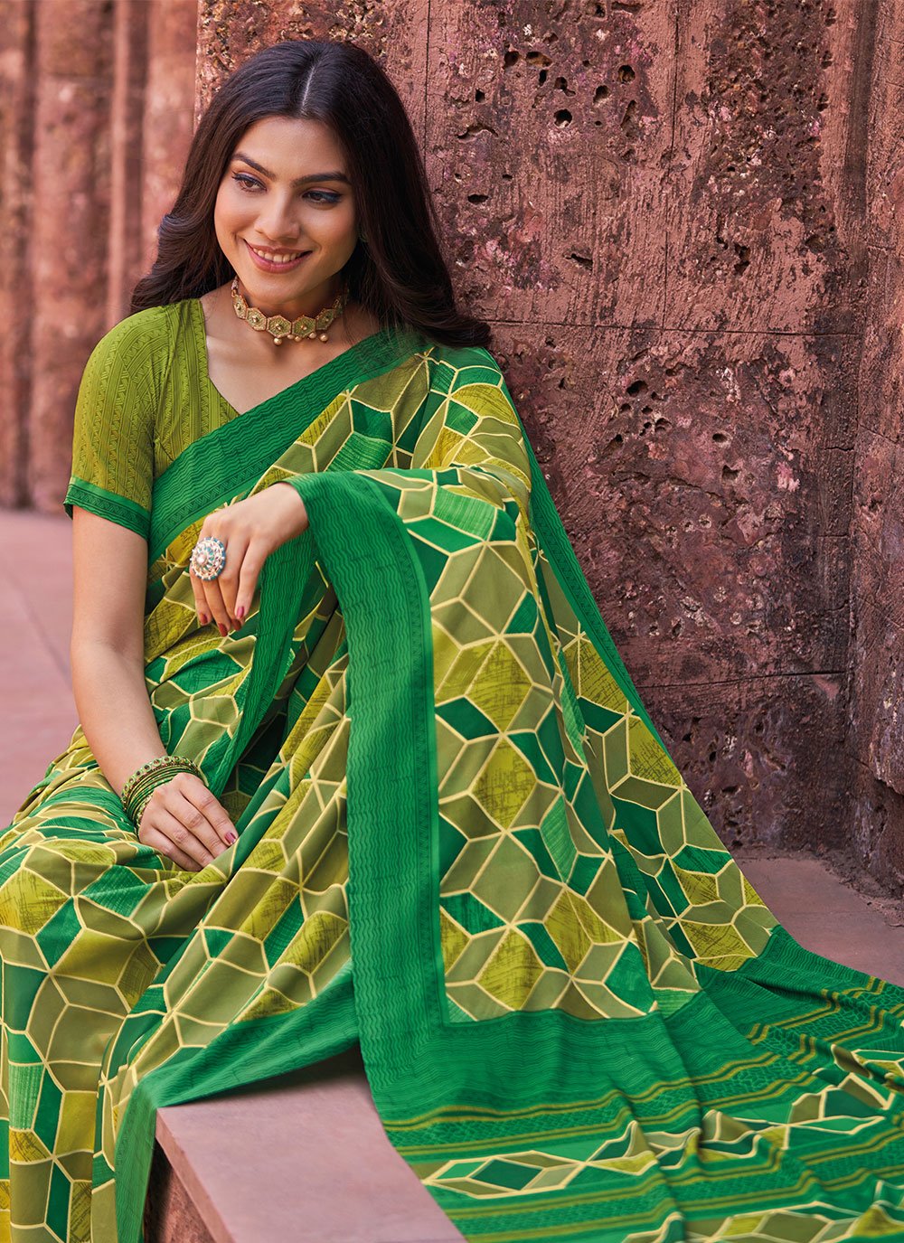 Contemporary Faux Crepe Green Print Saree