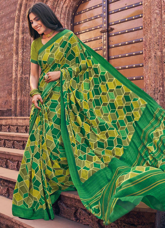 Contemporary Faux Crepe Green Print Saree