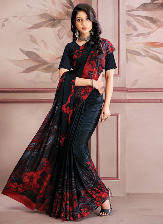 Contemporary Faux Crepe Black Print Saree