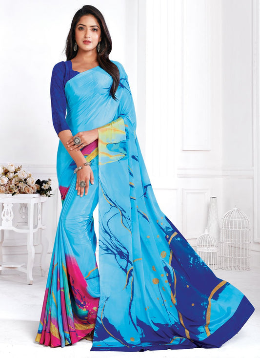 Contemporary Faux Crepe Blue Print Saree