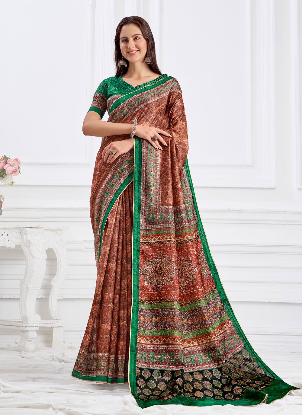 Contemporary Faux Crepe Brown Digital Print Saree