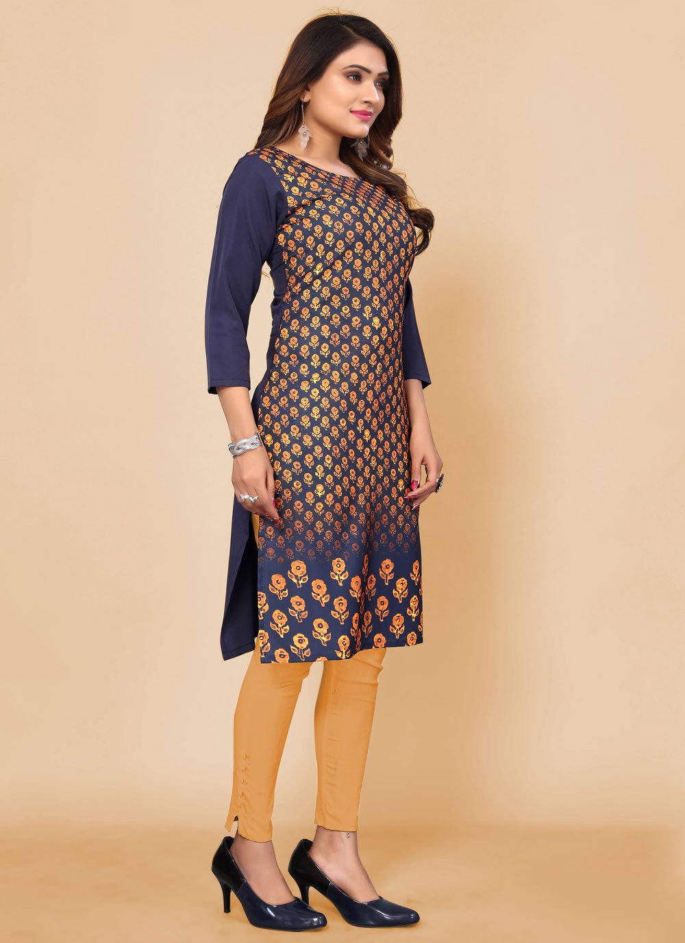 Designer Kurti Faux Crepe Blue Print Kurtis