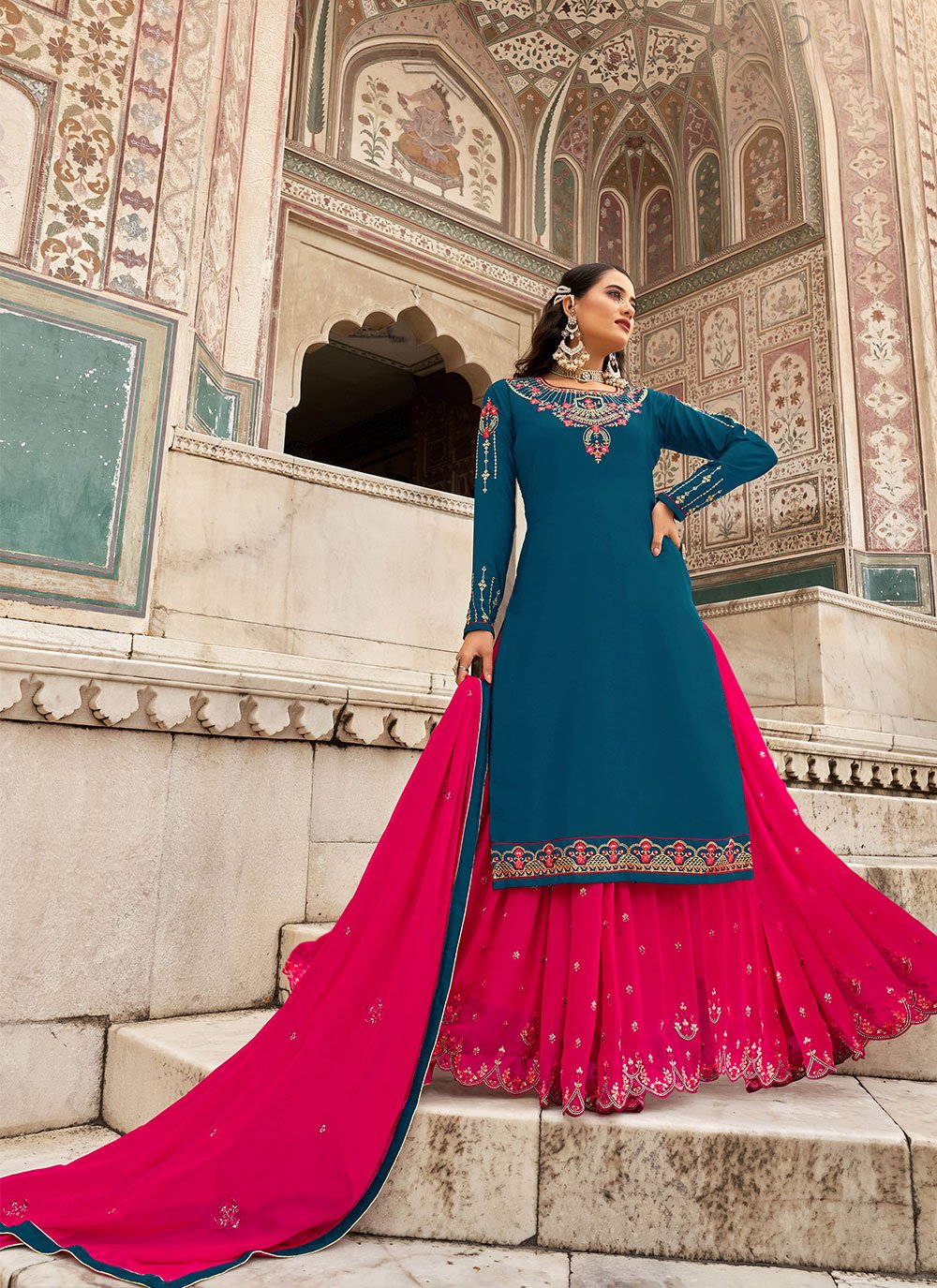 Lehenga Choli Faux Crepe Blue Embroidered Lehenga Choli