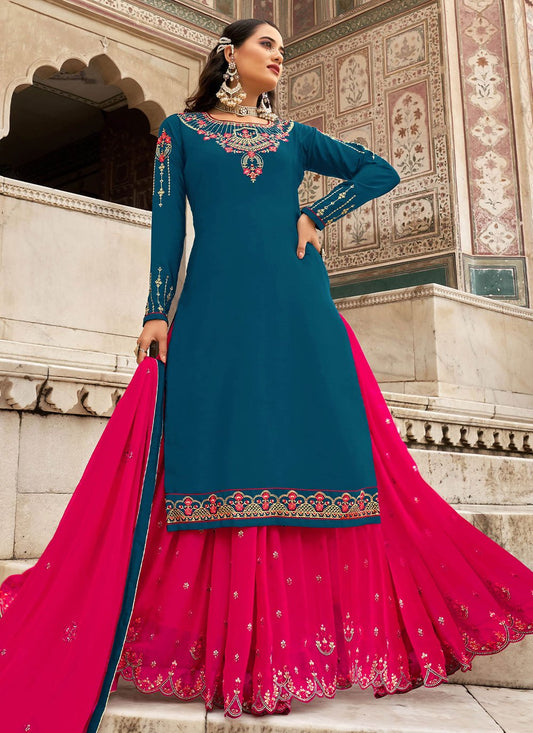 Lehenga Choli Faux Crepe Blue Embroidered Lehenga Choli