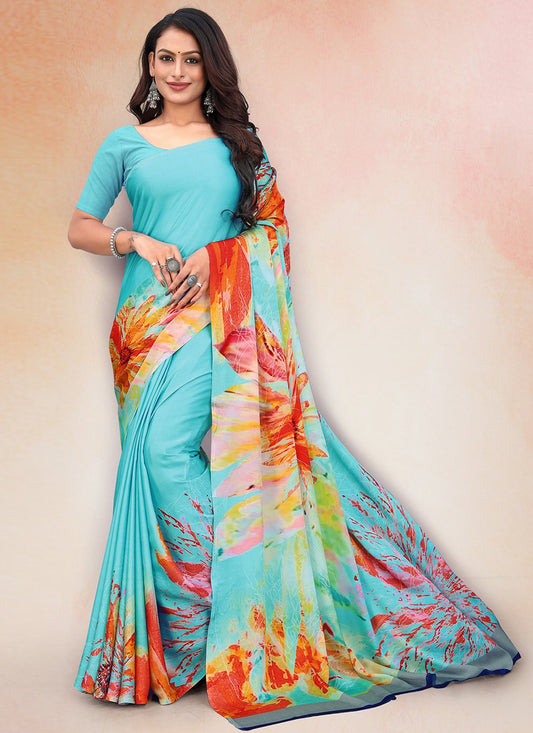 Contemporary Faux Crepe Aqua Blue Digital Print Saree