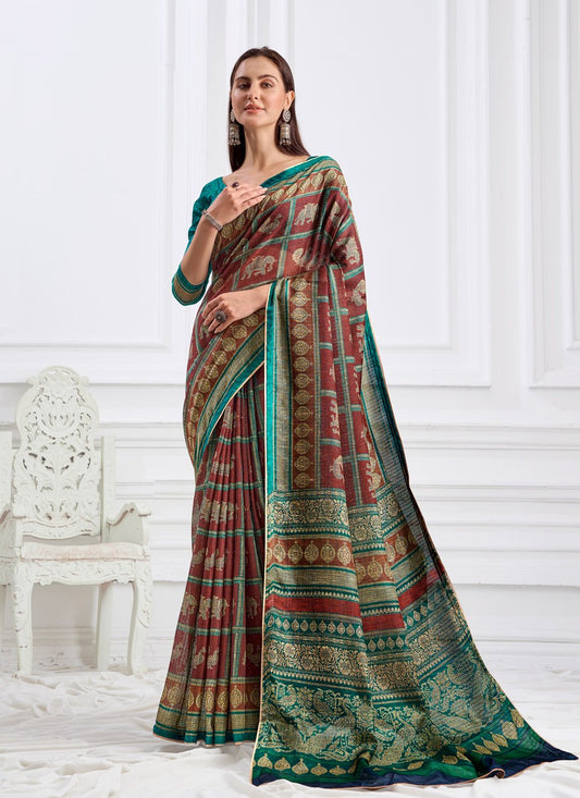 Contemporary Faux Crepe Brown Digital Print Saree