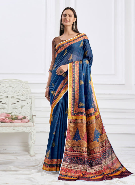 Contemporary Faux Crepe Blue Digital Print Saree