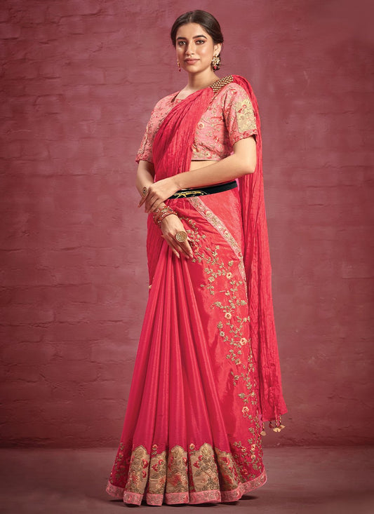 Contemporary Faux Crepe Silk Pink Embroidered Saree