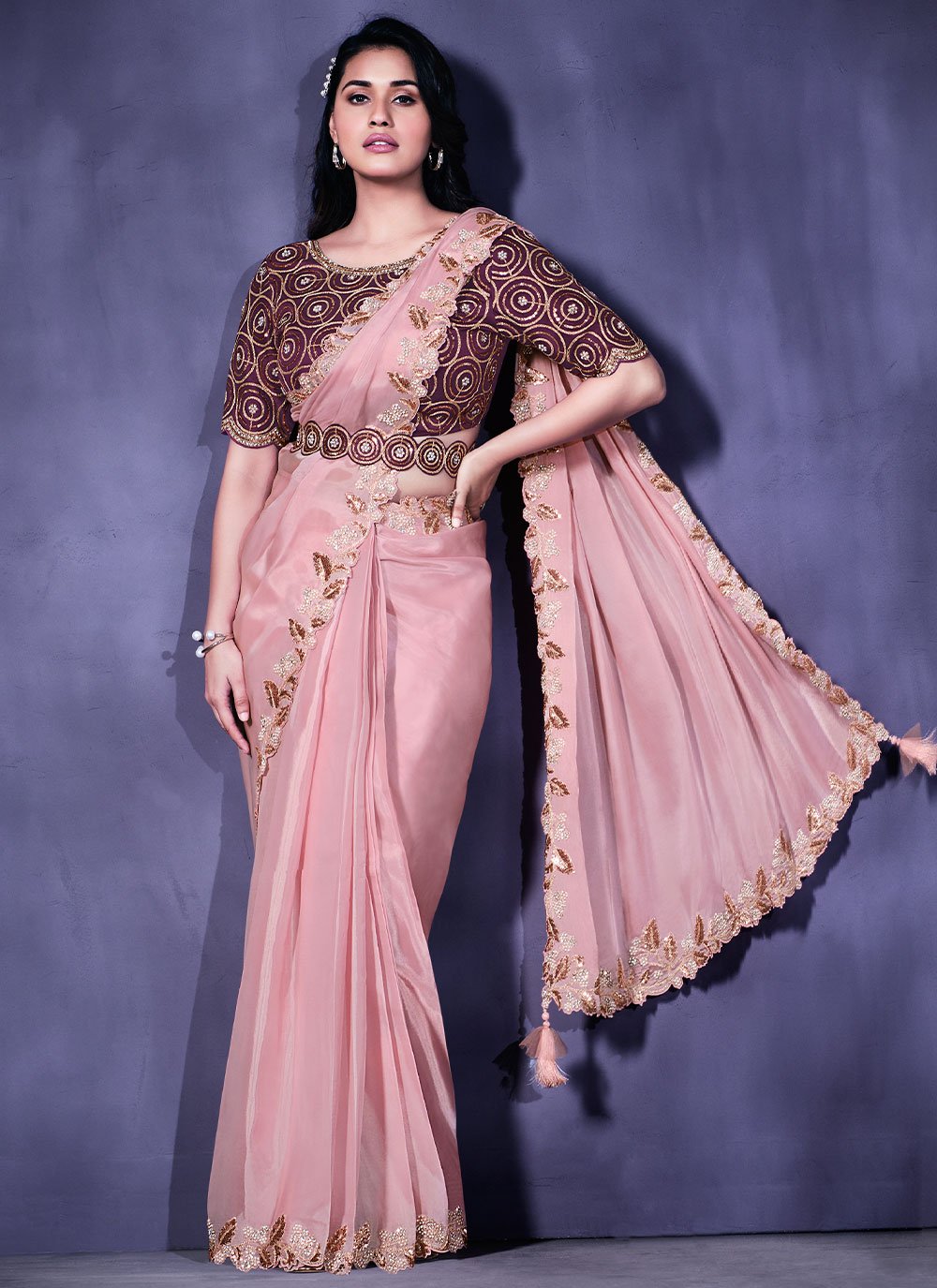 Trendy Saree Faux Crepe Satin Silk Pink Embroidered Saree