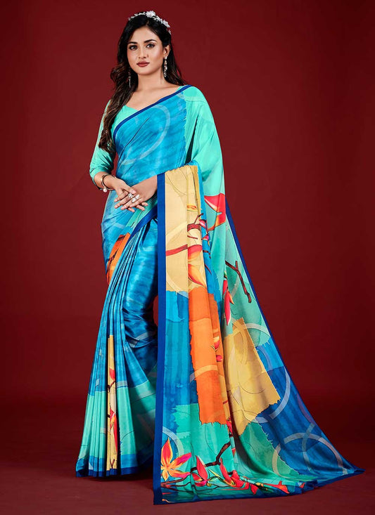 Contemporary Faux Crepe Multi Colour Print Saree