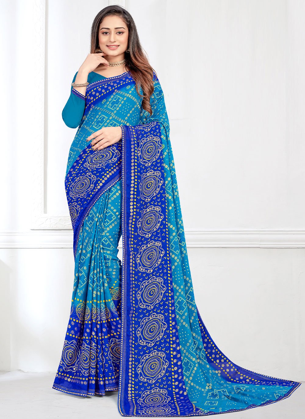 Classic Faux Crepe Blue Bandhej Saree