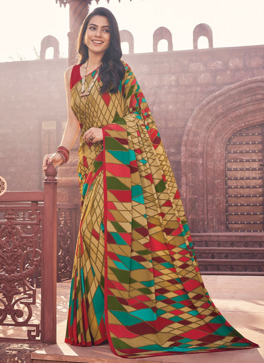 Classic Faux Crepe Multi Colour Print Saree