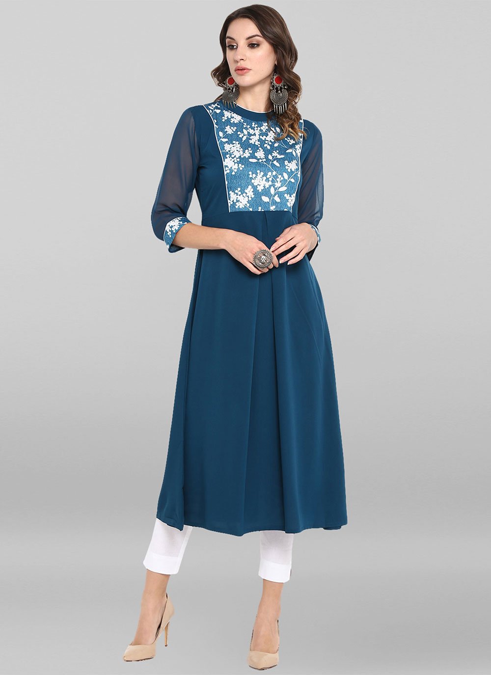 Casual Kurti Faux Crepe Blue Floral Patch Kurtis