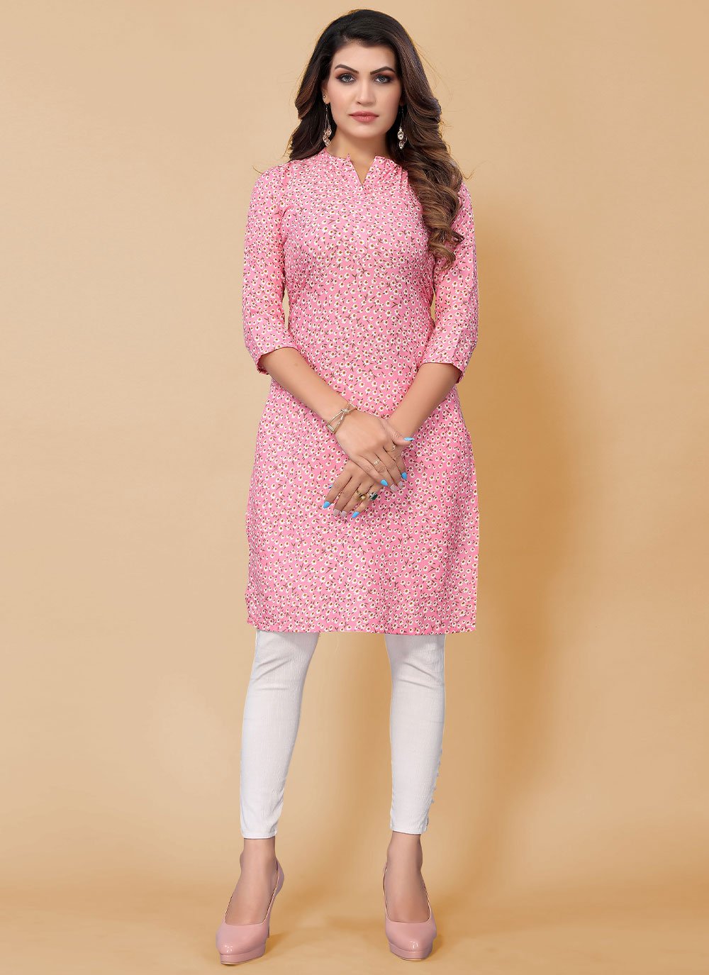 Casual Kurti Faux Crepe Pink Floral Patch Kurtis