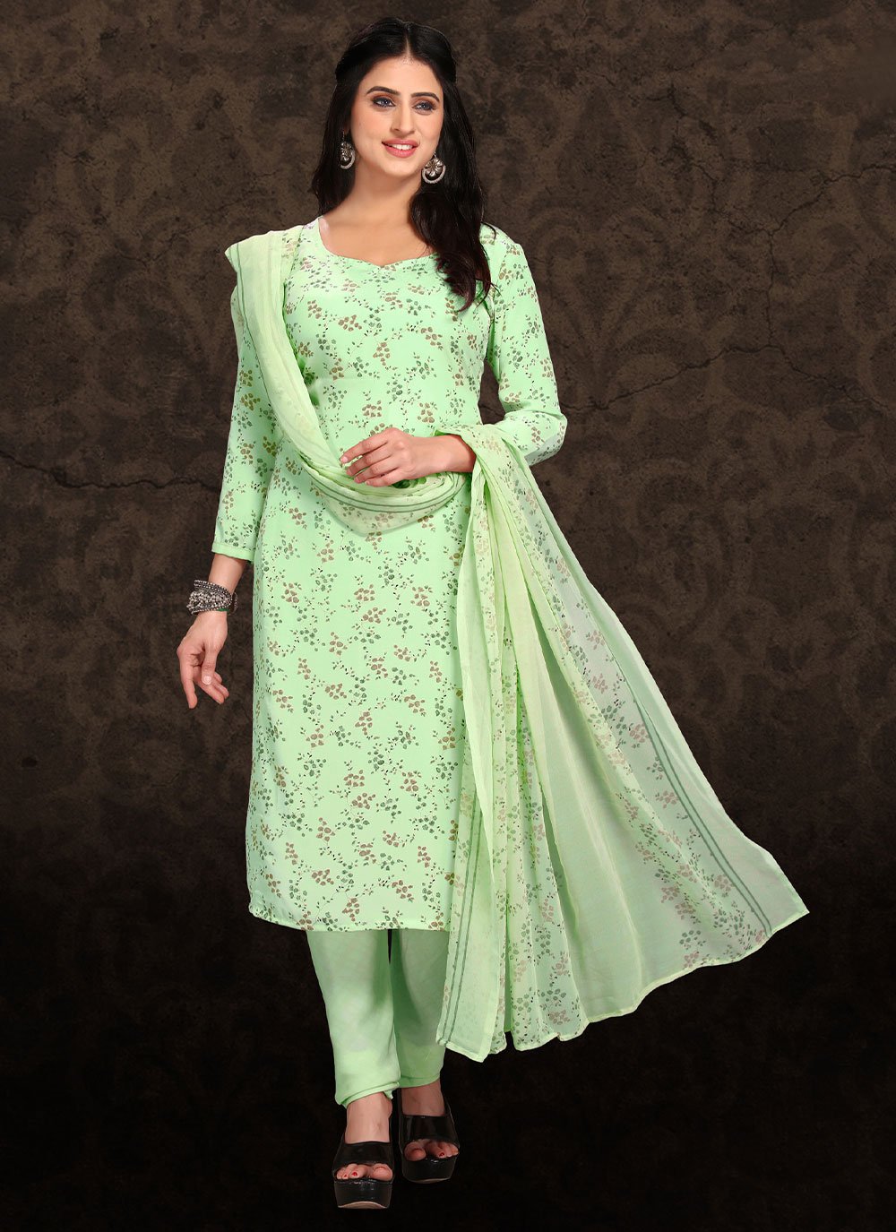 Salwar Suit Faux Crepe Green Floral Patch Salwar Kameez