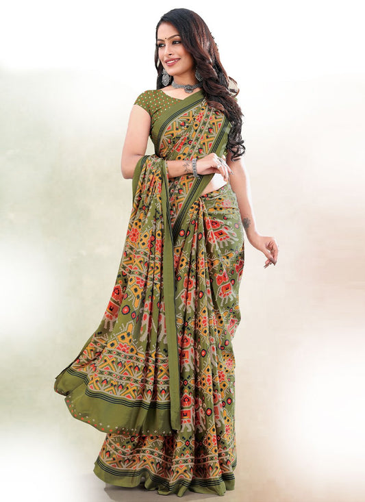 Classic Faux Crepe Green Print Saree