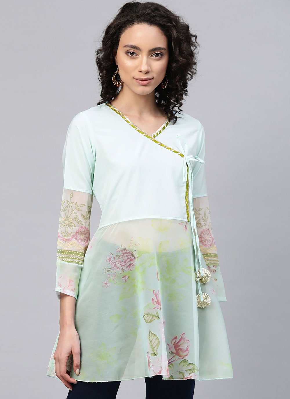 Party Wear Kurti Faux Crepe Organza Green Digital Print Kurtis