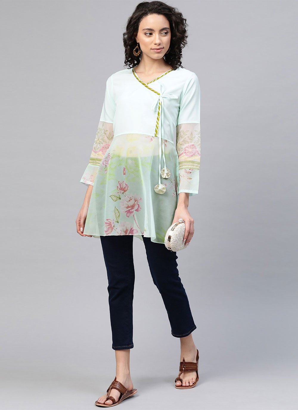 Party Wear Kurti Faux Crepe Organza Green Digital Print Kurtis