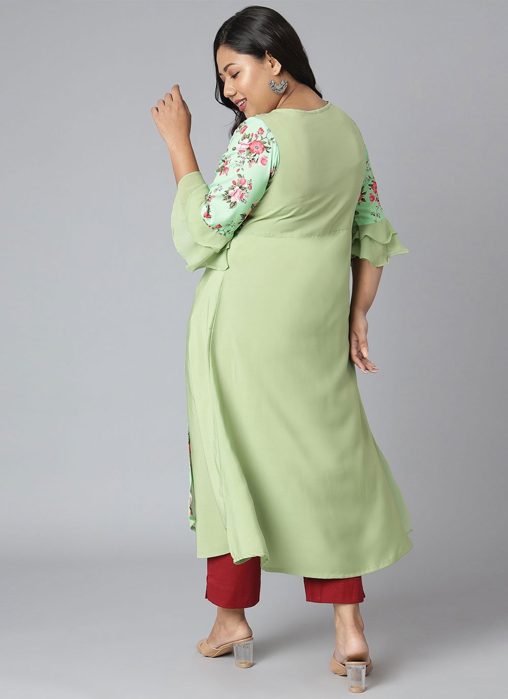 Casual Kurti Faux Crepe Green Floral Patch Kurtis