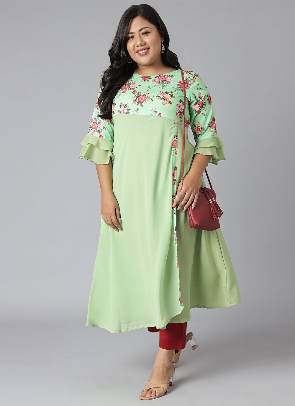 Casual Kurti Faux Crepe Green Floral Patch Kurtis