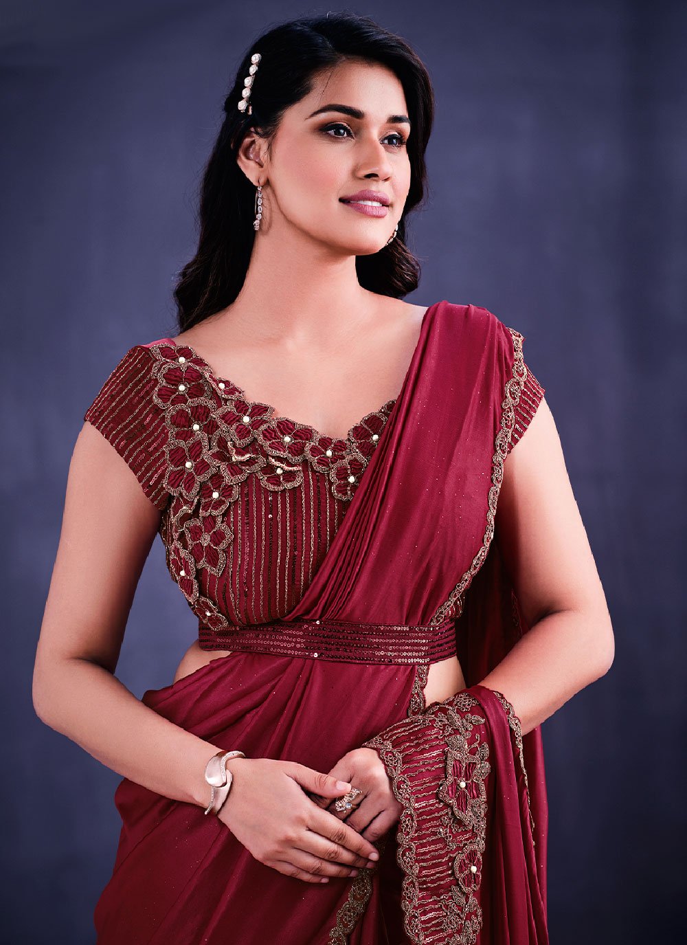 Trendy Saree Faux Crepe Maroon Applique Work Saree