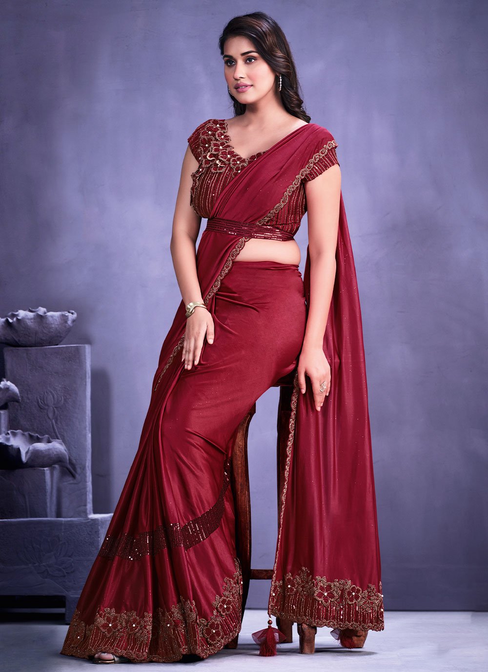 Trendy Saree Faux Crepe Maroon Applique Work Saree