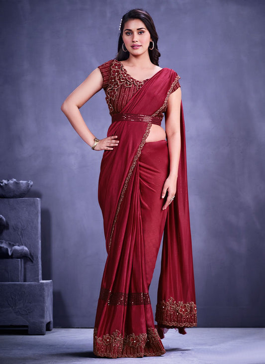 Trendy Saree Faux Crepe Maroon Applique Work Saree