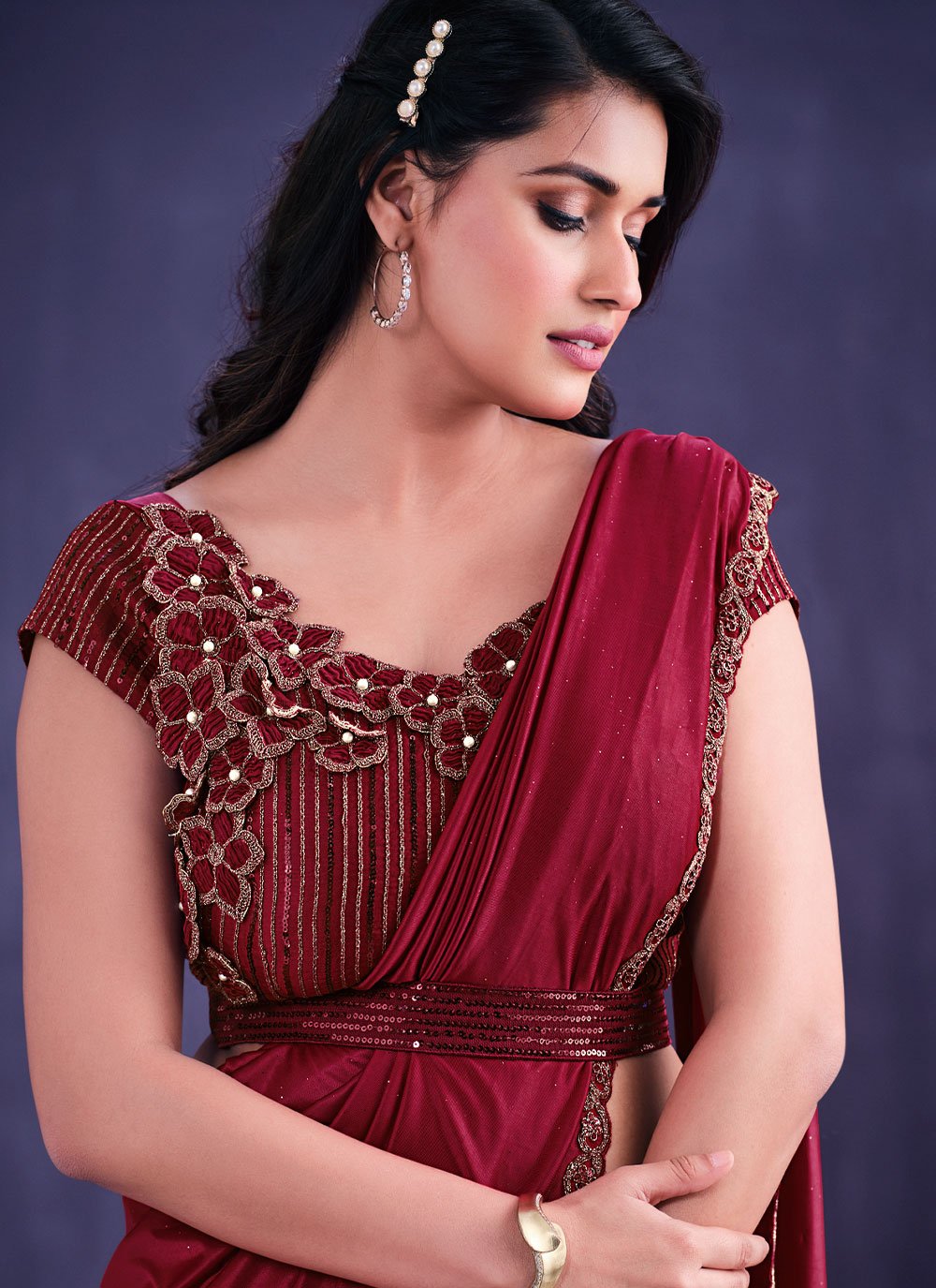 Trendy Saree Faux Crepe Maroon Applique Work Saree