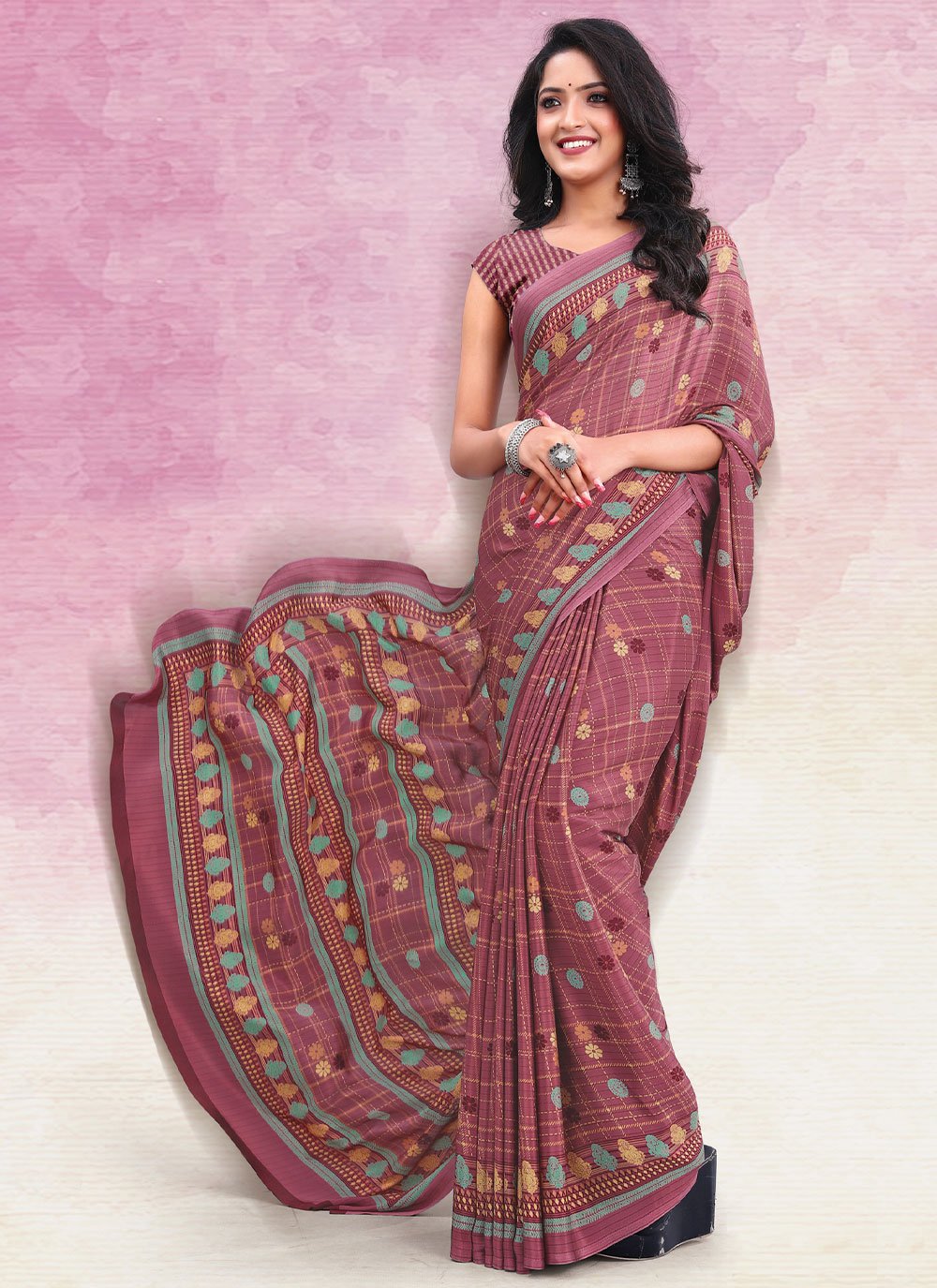 Contemporary Faux Crepe Mauve Print Saree