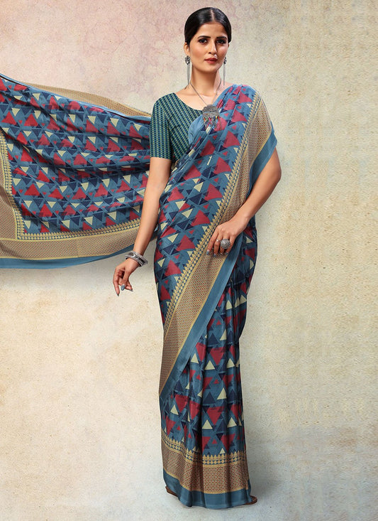 Casual Faux Crepe Multi Colour Print Saree