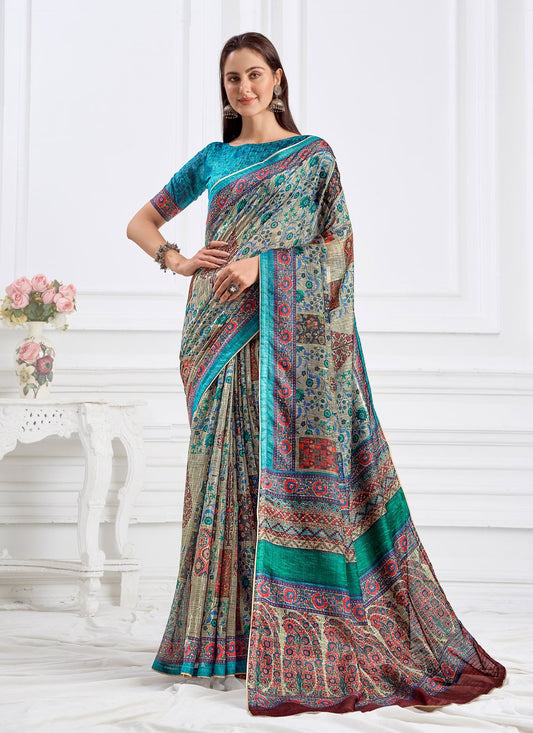 Contemporary Faux Crepe Multi Colour Digital Print Saree