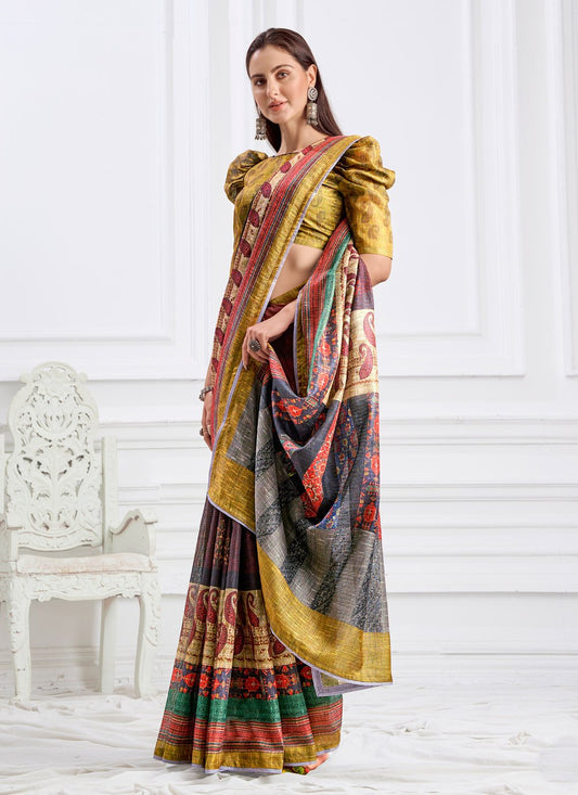 Contemporary Faux Crepe Multi Colour Digital Print Saree