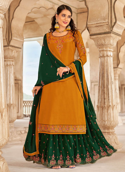 Lehenga Choli Faux Crepe Mustard Embroidered Lehenga Choli