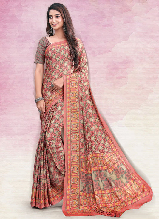 Contemporary Faux Crepe Orange Print Saree