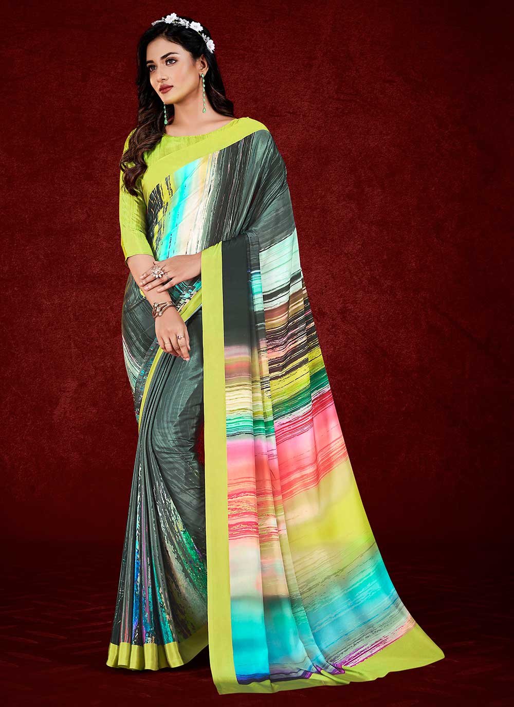 Trendy Saree Faux Crepe Multi Colour Print Saree