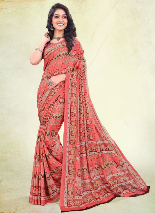 Trendy Saree Faux Crepe Peach Print Saree