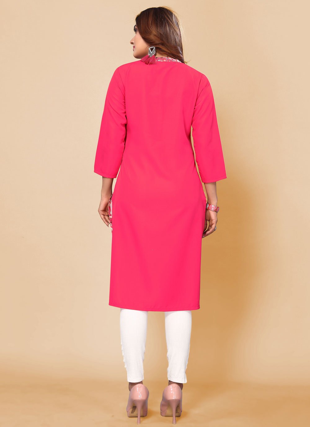 Designer Kurti Faux Crepe Pink Print Kurtis