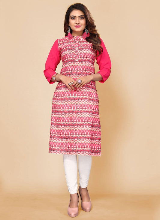 Designer Kurti Faux Crepe Pink Print Kurtis