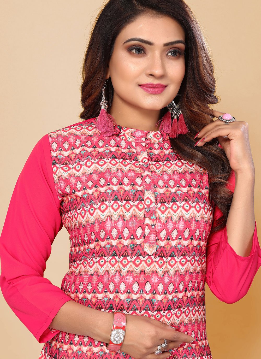 Designer Kurti Faux Crepe Pink Print Kurtis