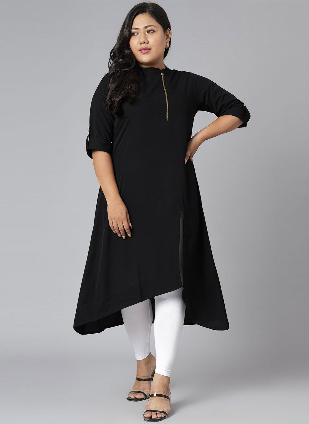 Party Wear Kurti Faux Crepe Black Plain Kurtis