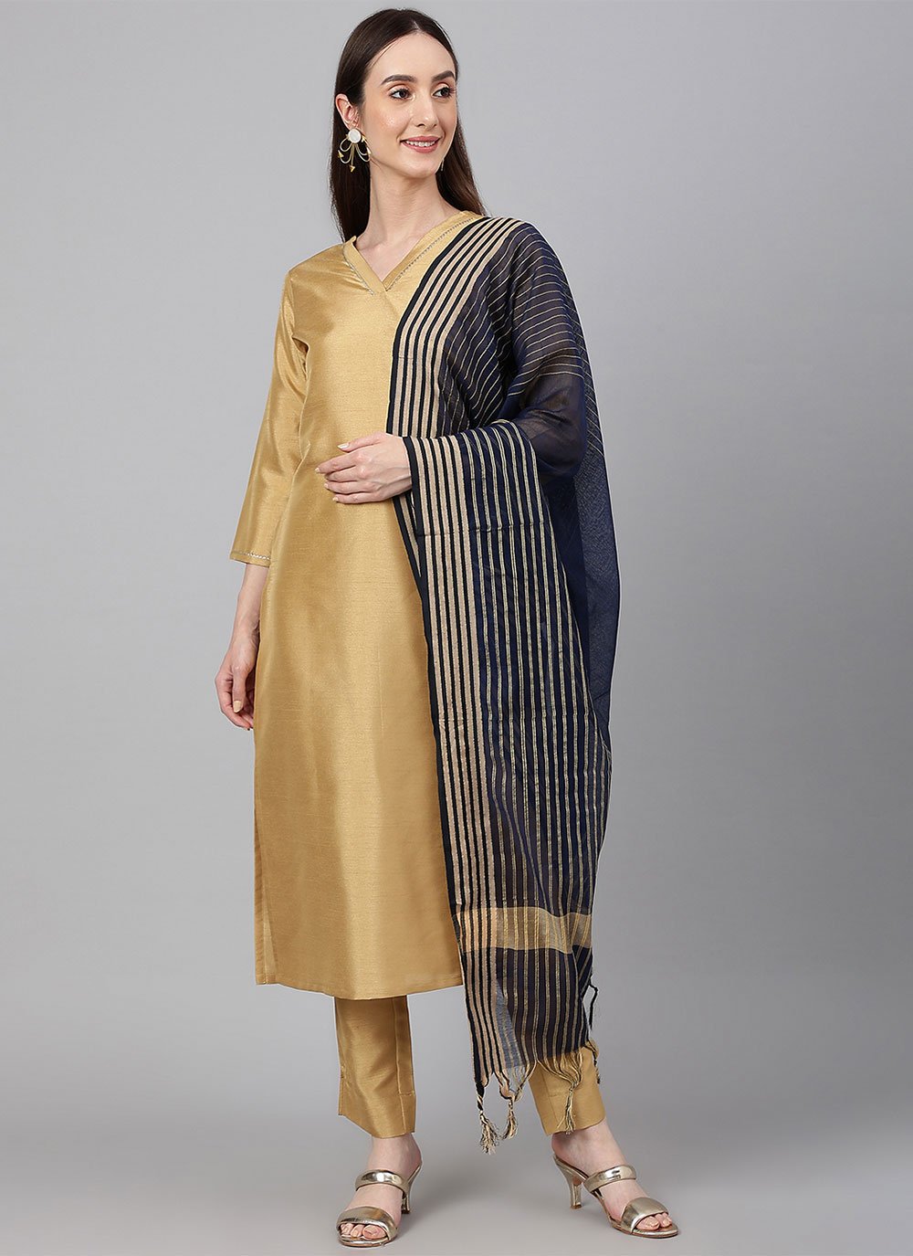 Salwar Suit Faux Crepe Gold Plain Salwar Kameez