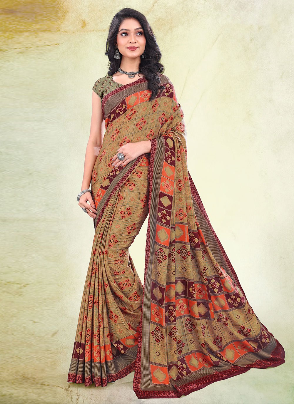 Contemporary Faux Crepe Beige Print Saree