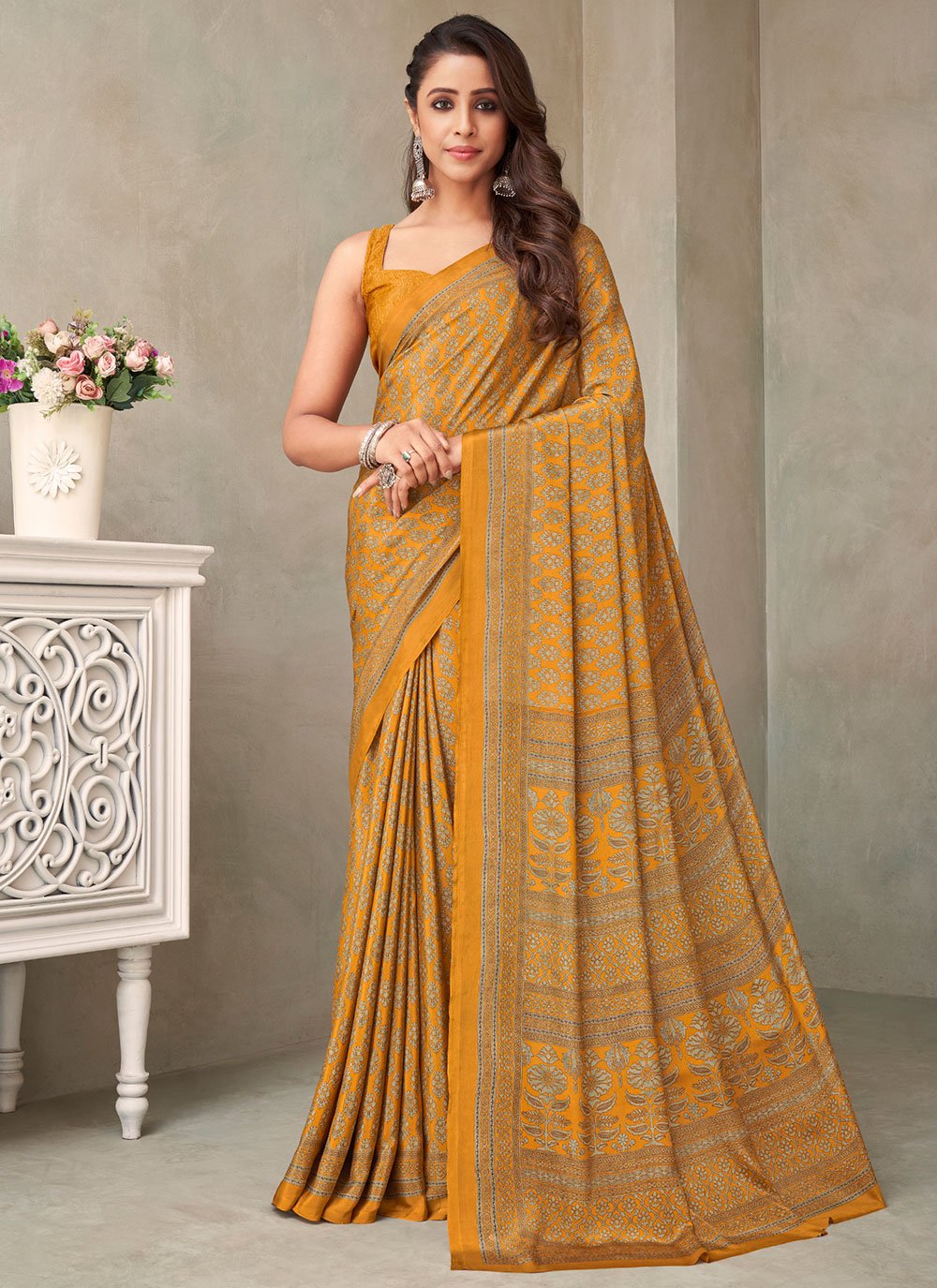 Classic Faux Crepe Silk Mustard Print Saree