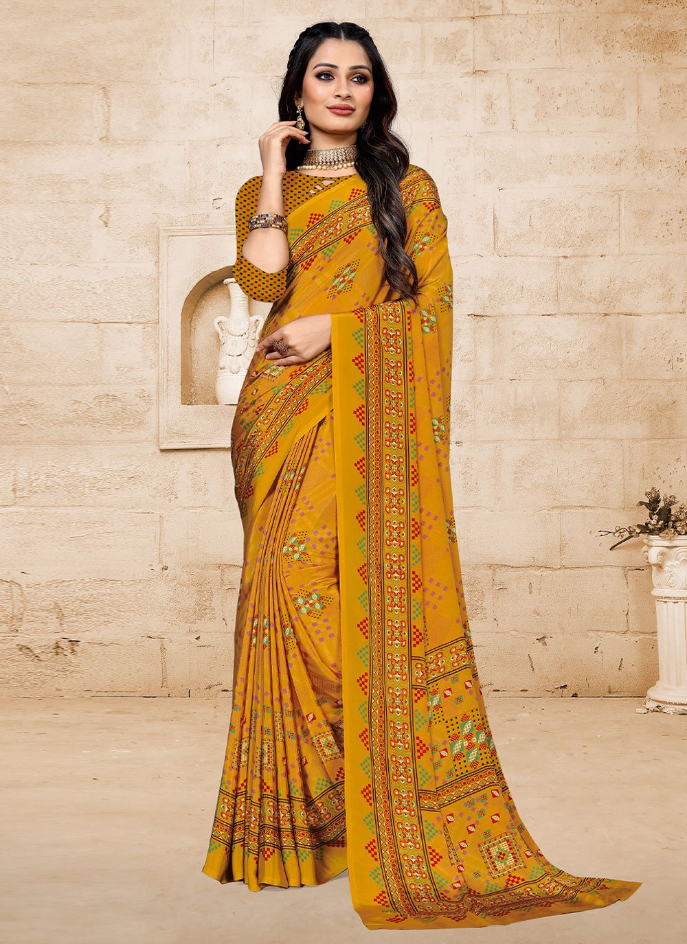 Classic Faux Crepe Mustard Print Saree